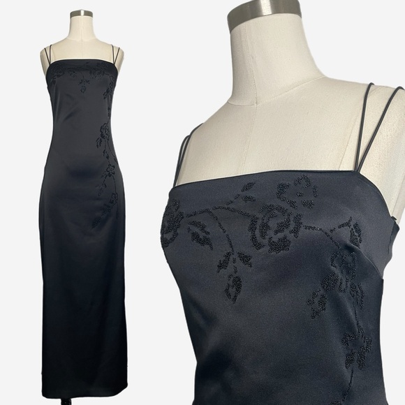 Vintage Dresses & Skirts - Vintage 90s y2k Byer Too! Black satin floral beaded maxi dress prom minimalist S